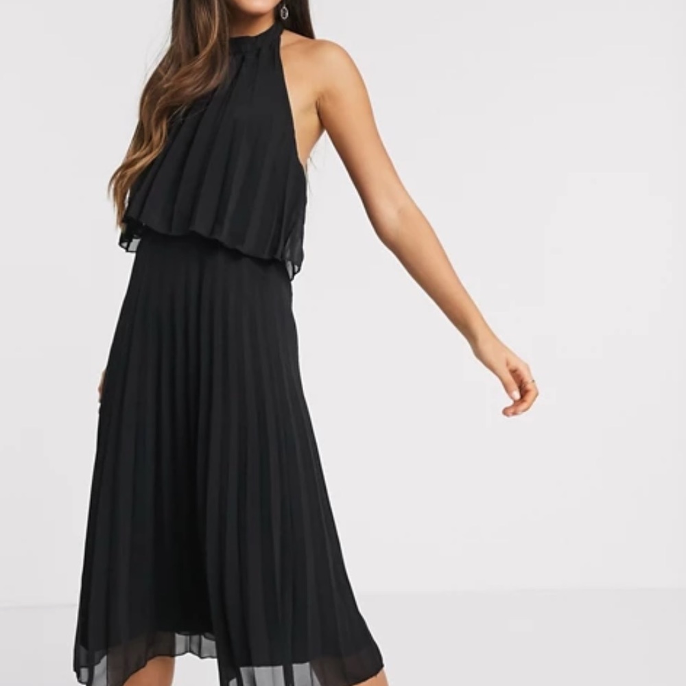 ASOS Black Halter Tie Pleated Midi Dress (size 2)